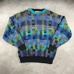 80’s Gitano Multi Pattened Cotton Made In USA Blue Yellow Black Knit Sweater